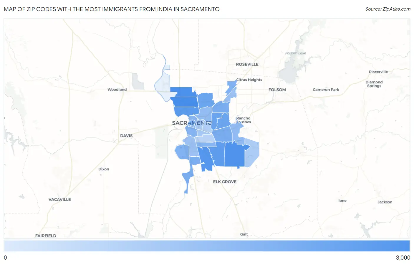 Zip Codes with the Most Immigrants from India in Sacramento Map