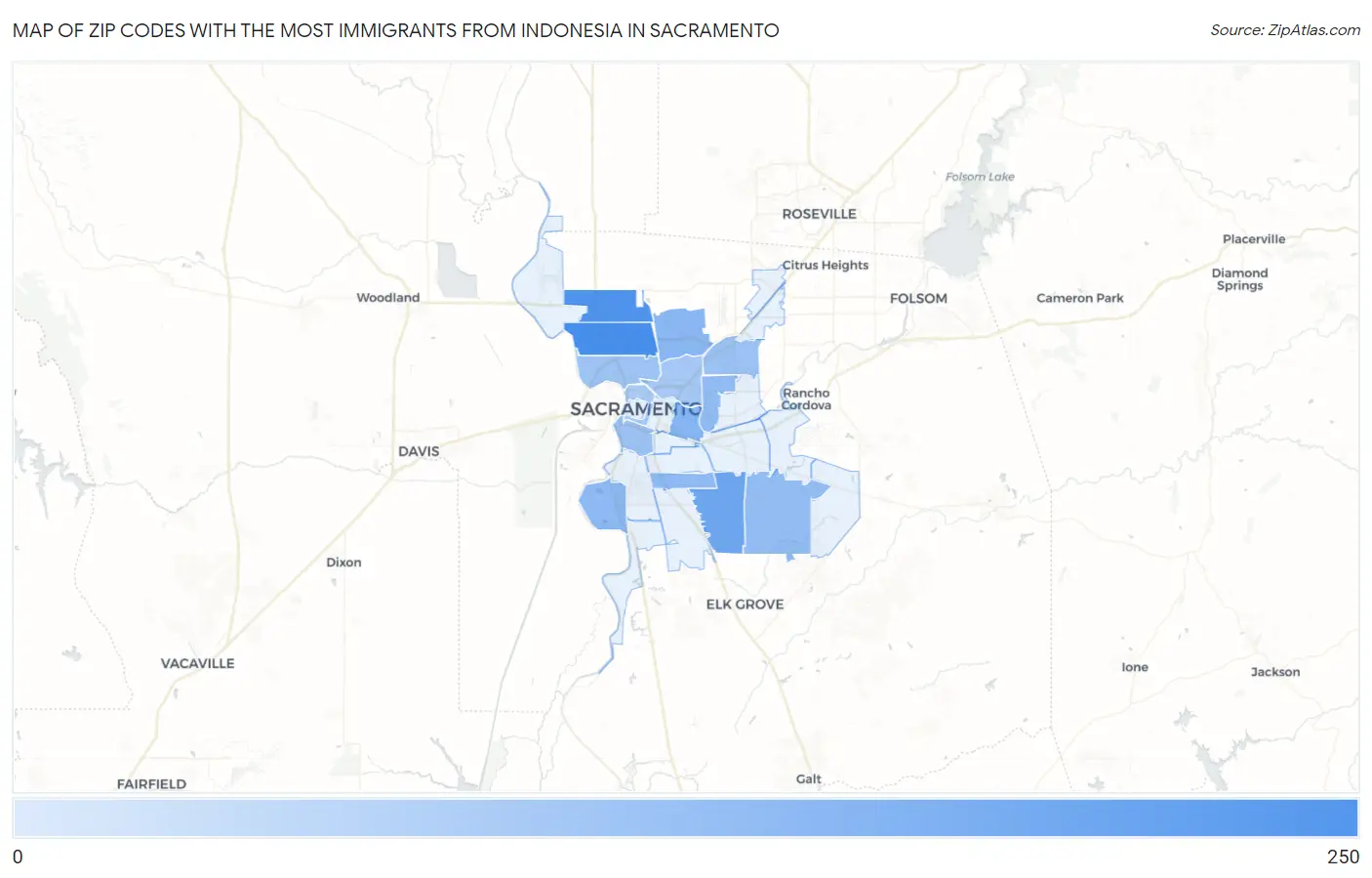 Zip Codes with the Most Immigrants from Indonesia in Sacramento Map