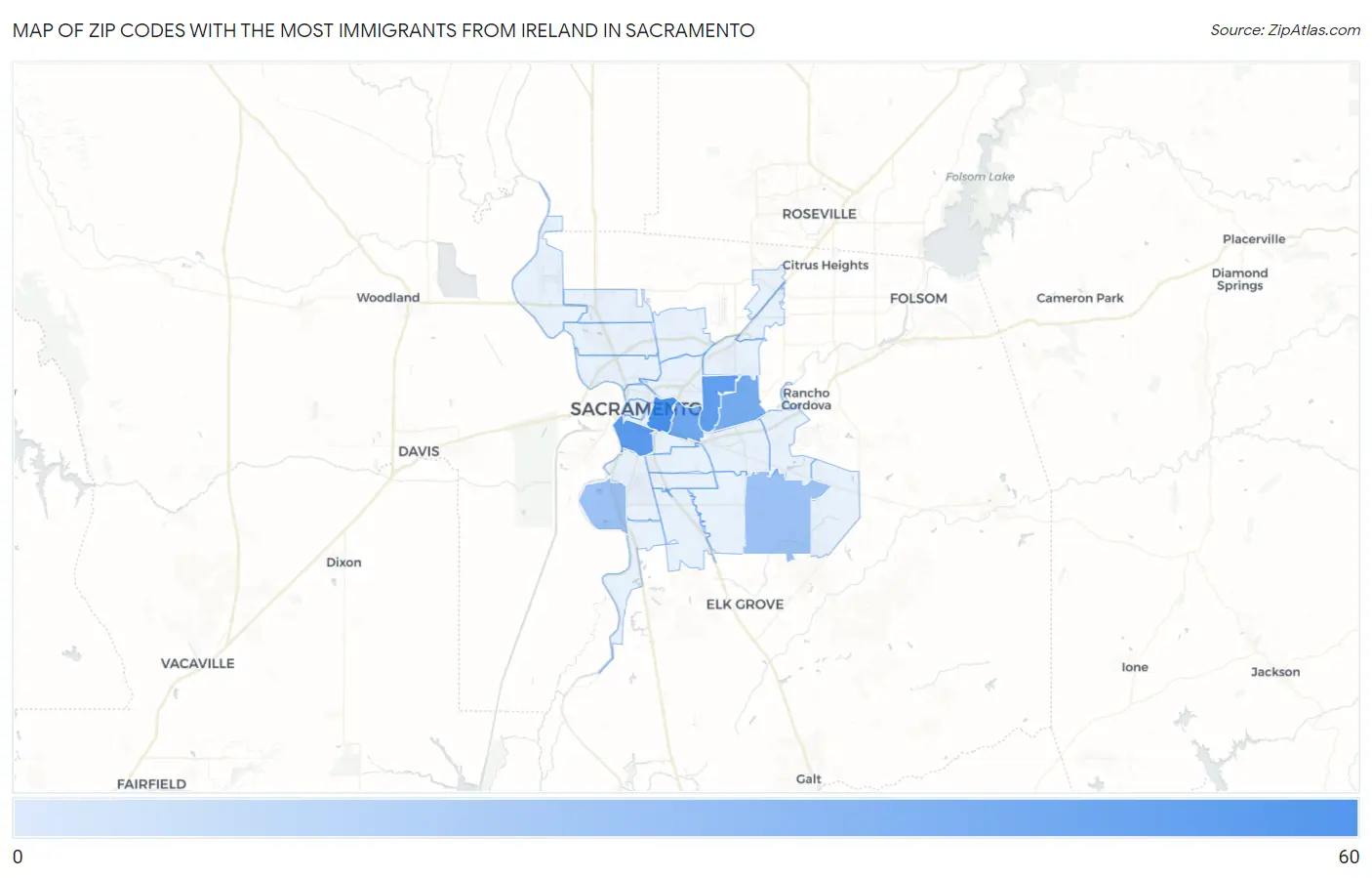 Zip Codes with the Most Immigrants from Ireland in Sacramento Map