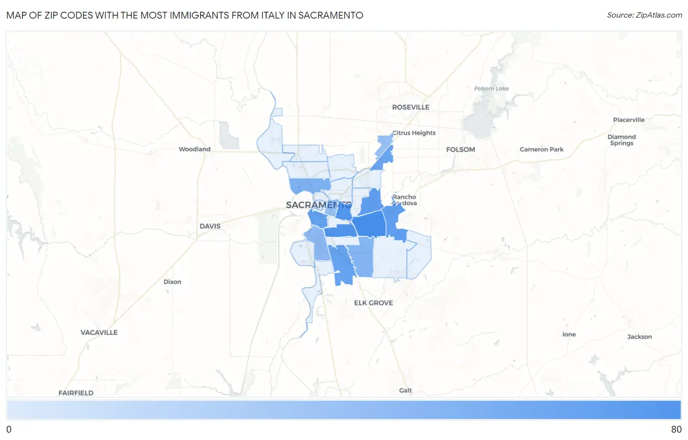 Zip Codes with the Most Immigrants from Italy in Sacramento Map