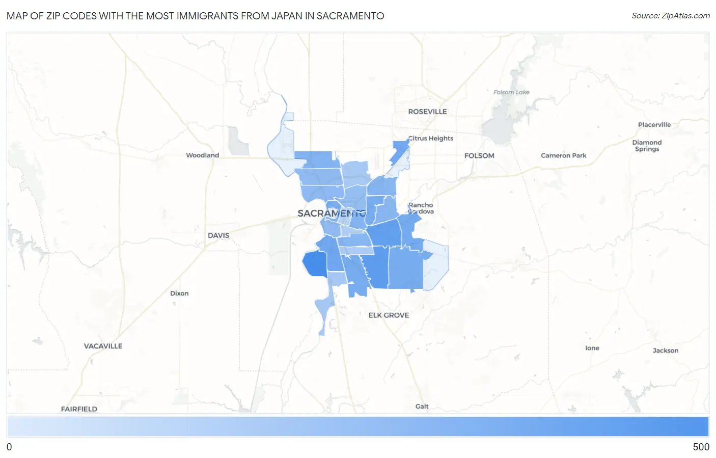 Zip Codes with the Most Immigrants from Japan in Sacramento Map