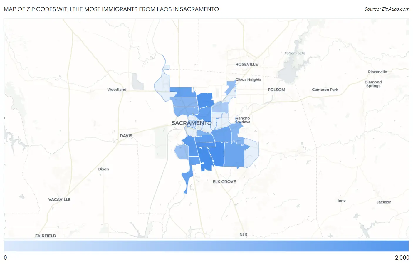Zip Codes with the Most Immigrants from Laos in Sacramento Map