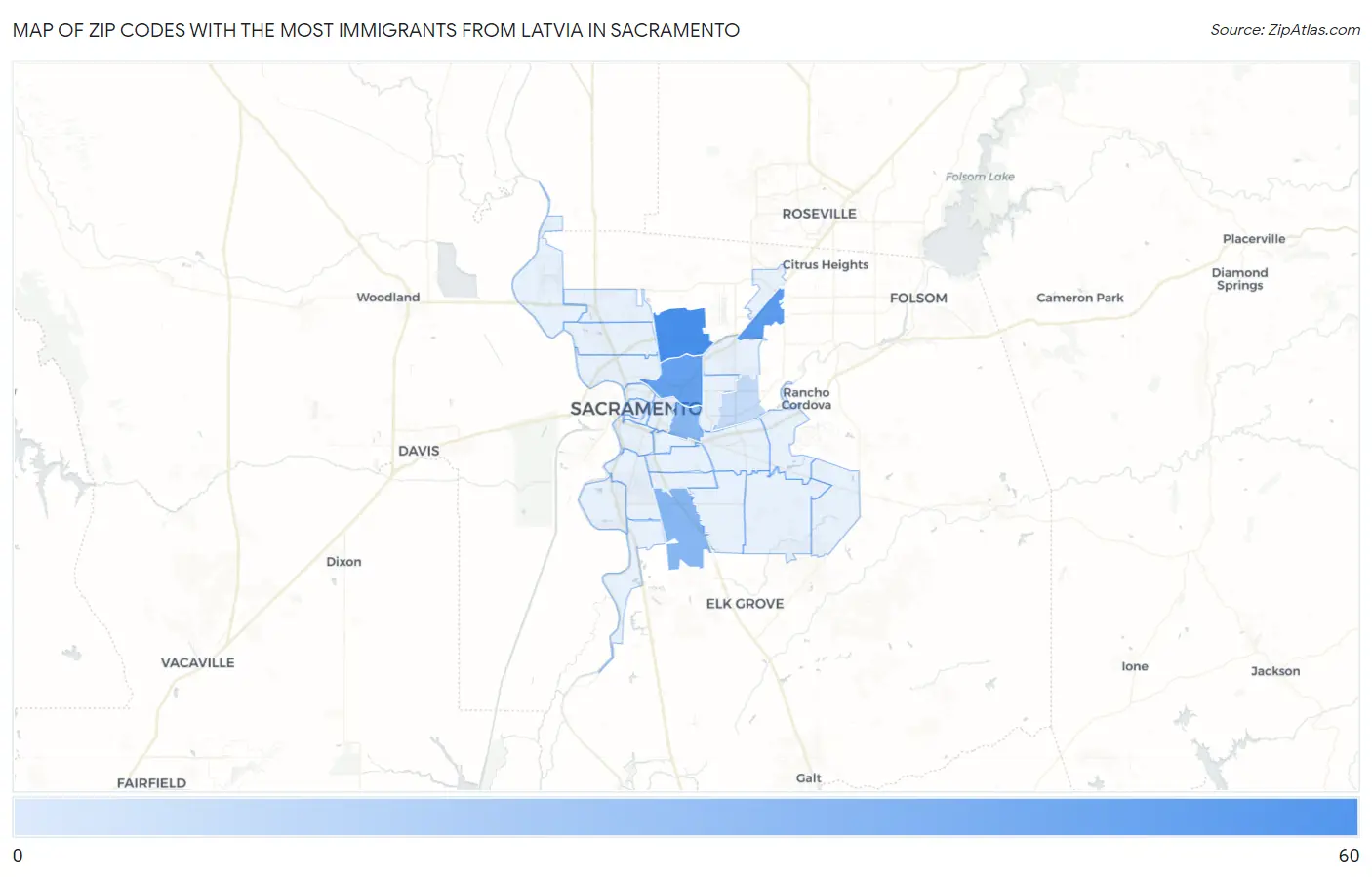 Zip Codes with the Most Immigrants from Latvia in Sacramento Map