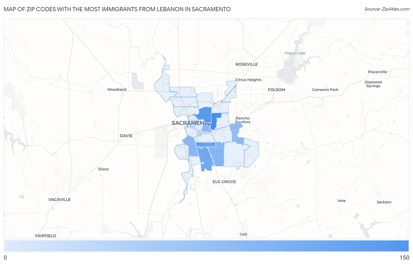Zip Codes with the Most Immigrants from Lebanon in Sacramento Map