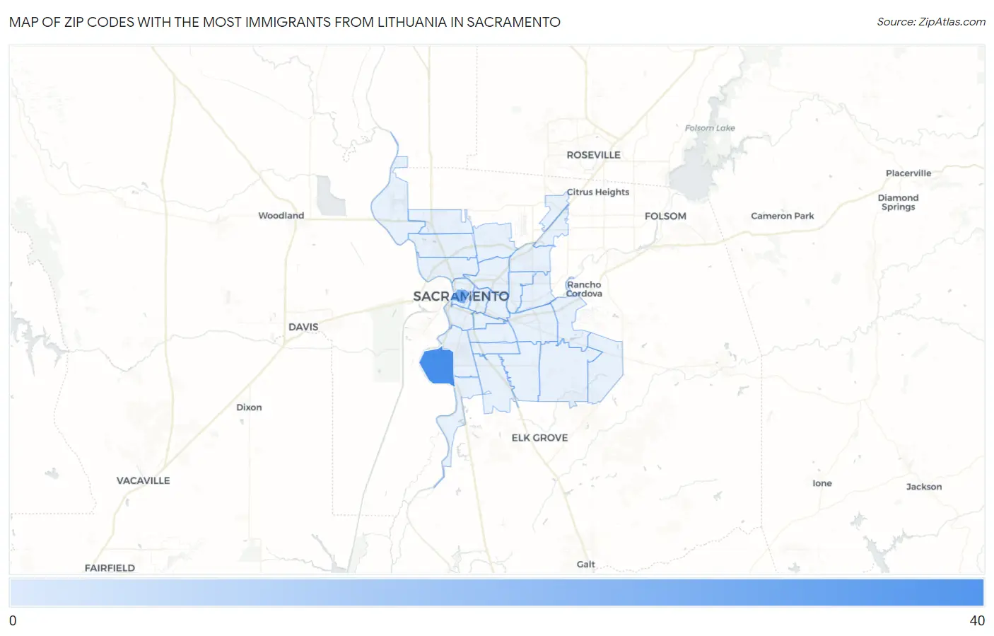 Zip Codes with the Most Immigrants from Lithuania in Sacramento Map