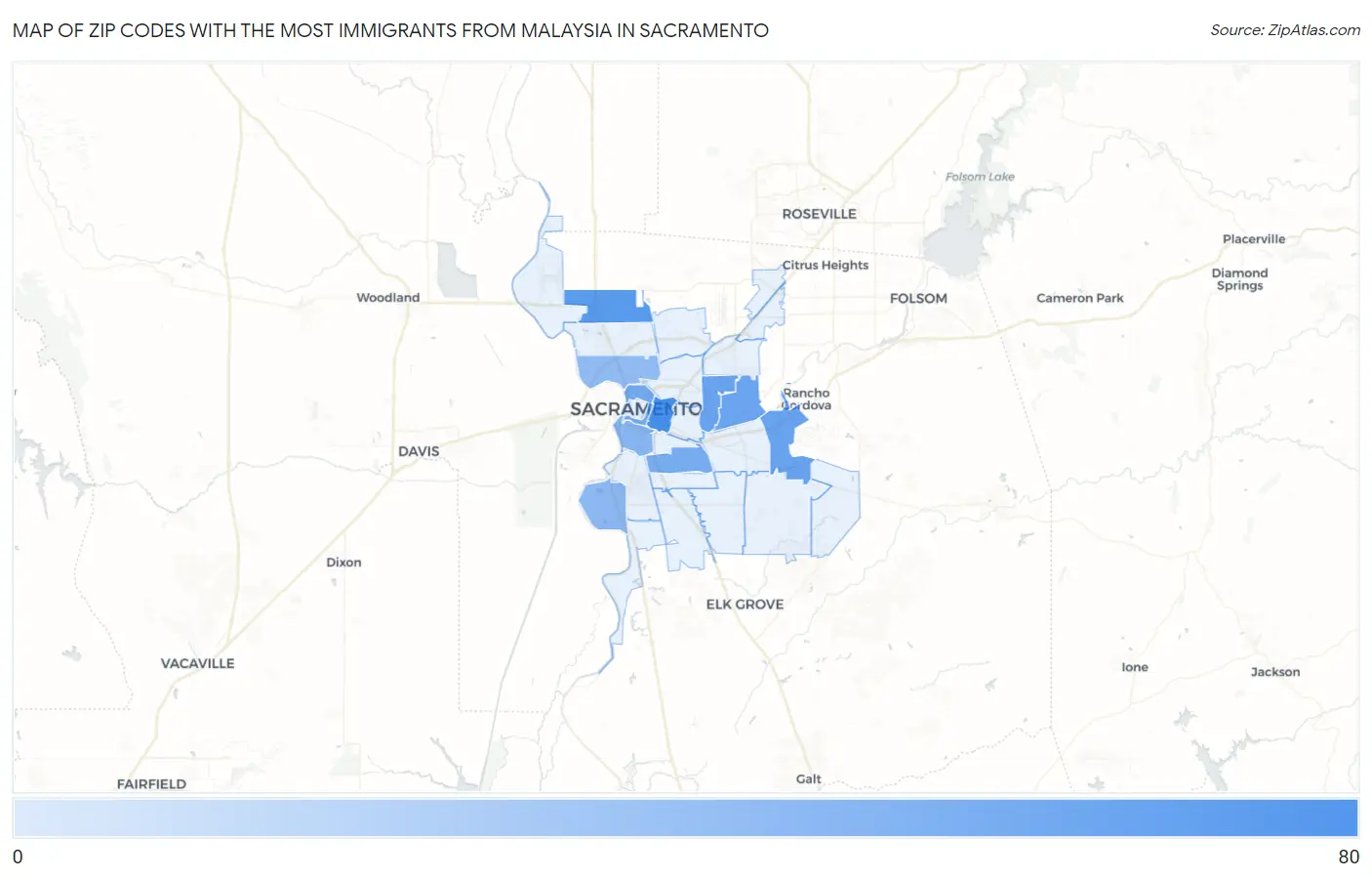 Zip Codes with the Most Immigrants from Malaysia in Sacramento Map