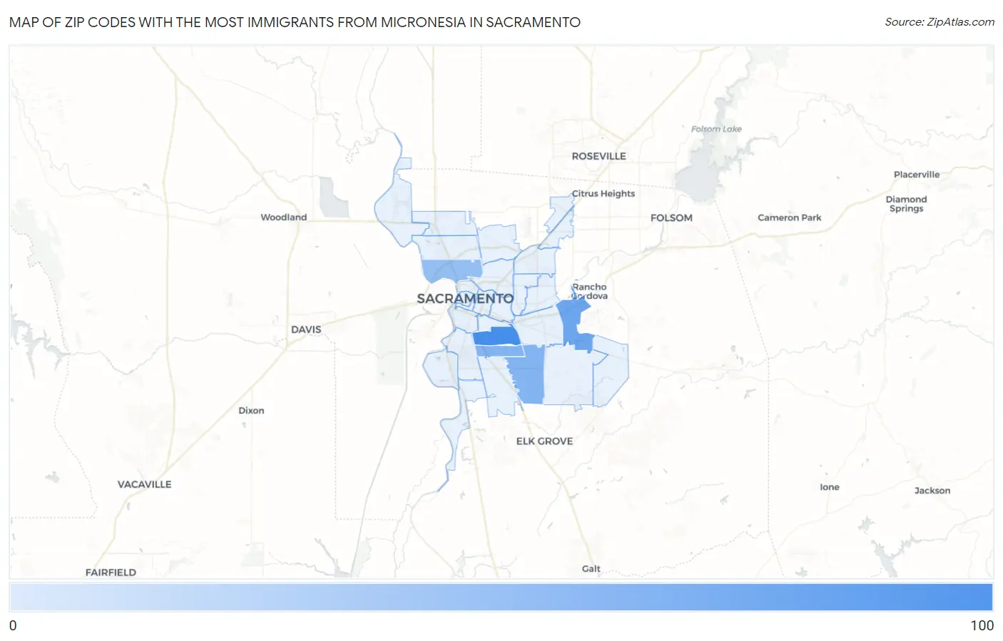 Zip Codes with the Most Immigrants from Micronesia in Sacramento Map