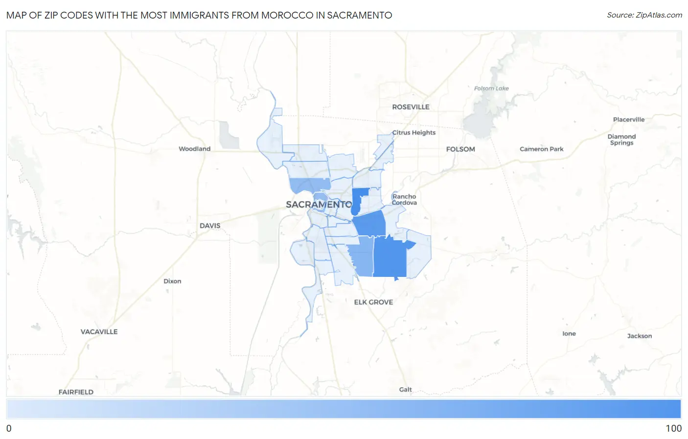 Zip Codes with the Most Immigrants from Morocco in Sacramento Map