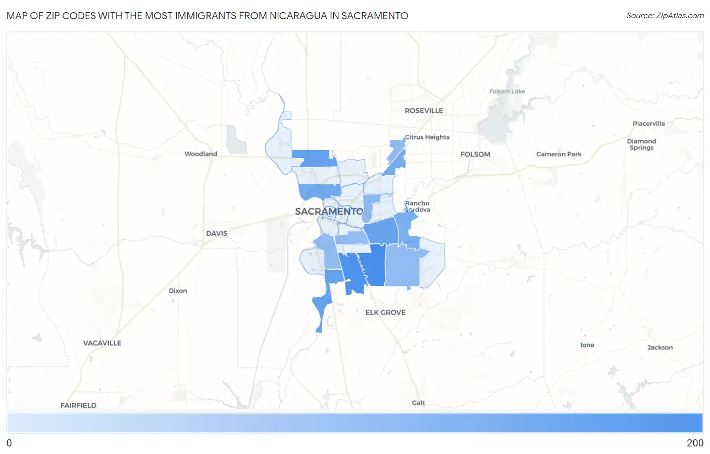 Zip Codes with the Most Immigrants from Nicaragua in Sacramento Map