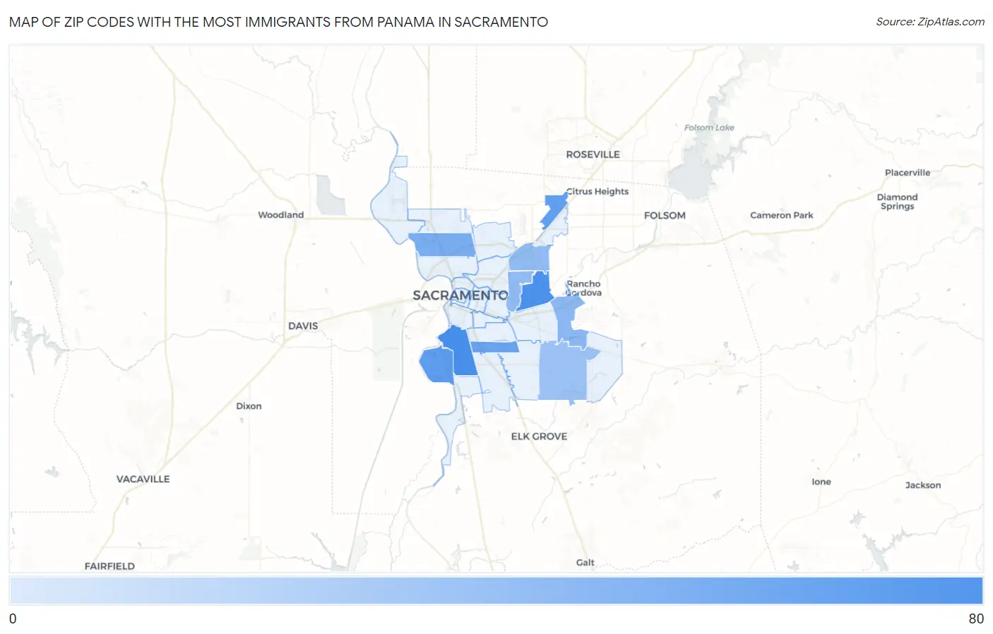Zip Codes with the Most Immigrants from Panama in Sacramento Map