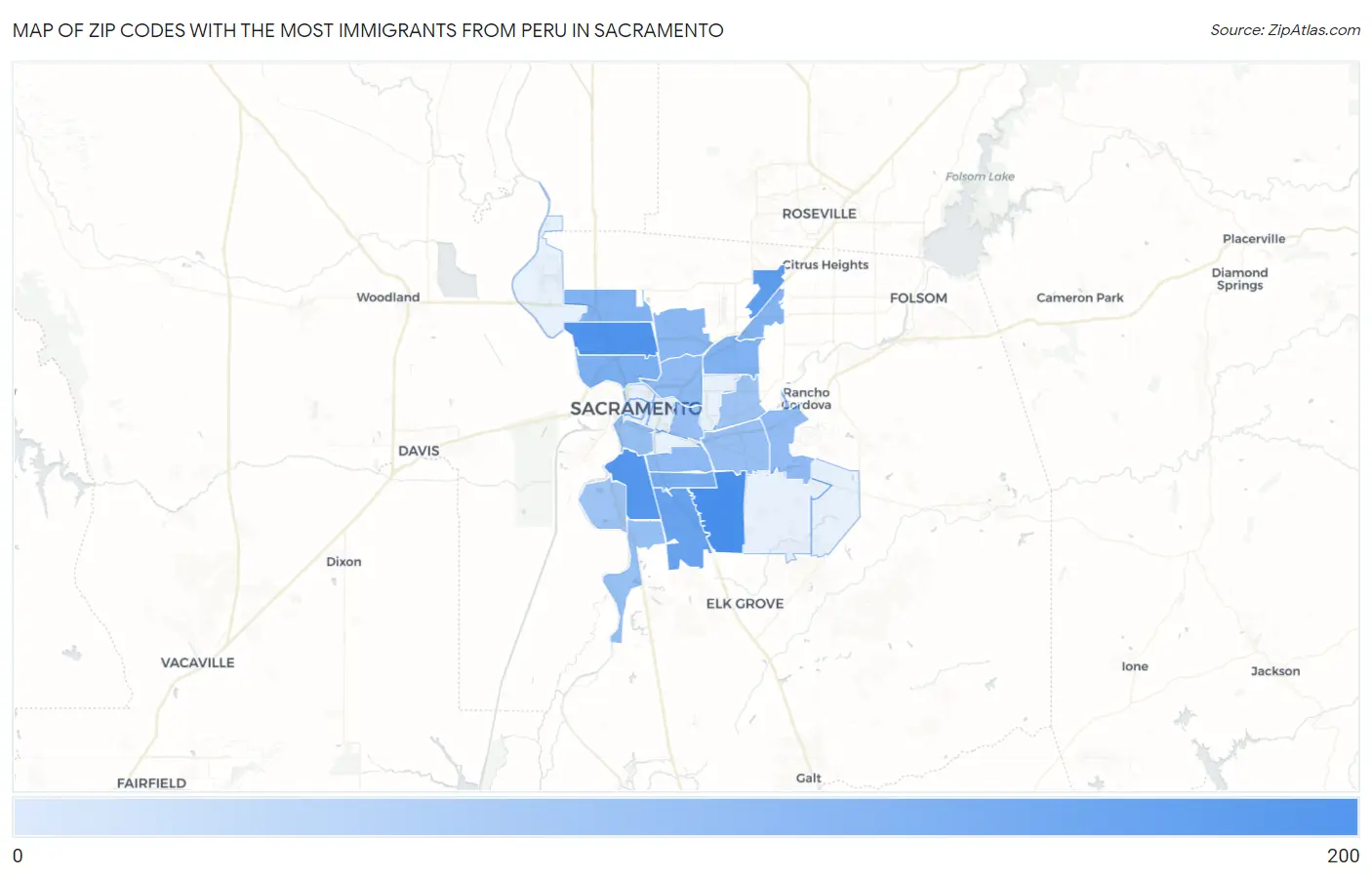 Zip Codes with the Most Immigrants from Peru in Sacramento Map