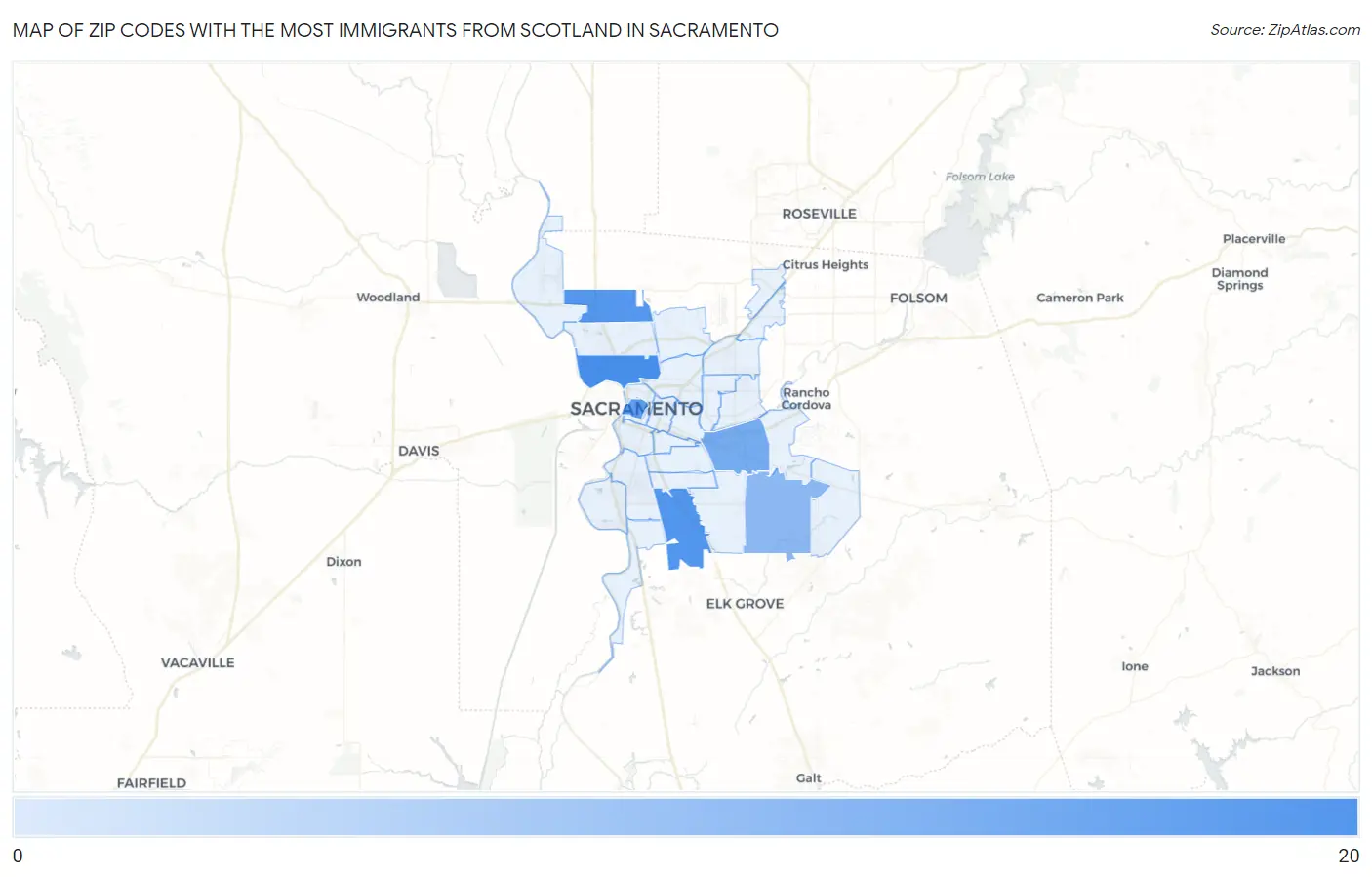 Zip Codes with the Most Immigrants from Scotland in Sacramento Map