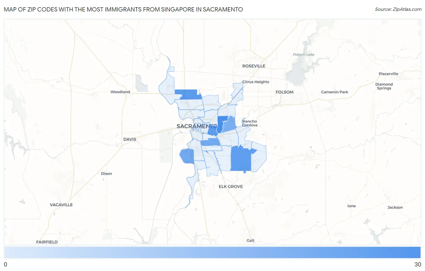 Zip Codes with the Most Immigrants from Singapore in Sacramento Map