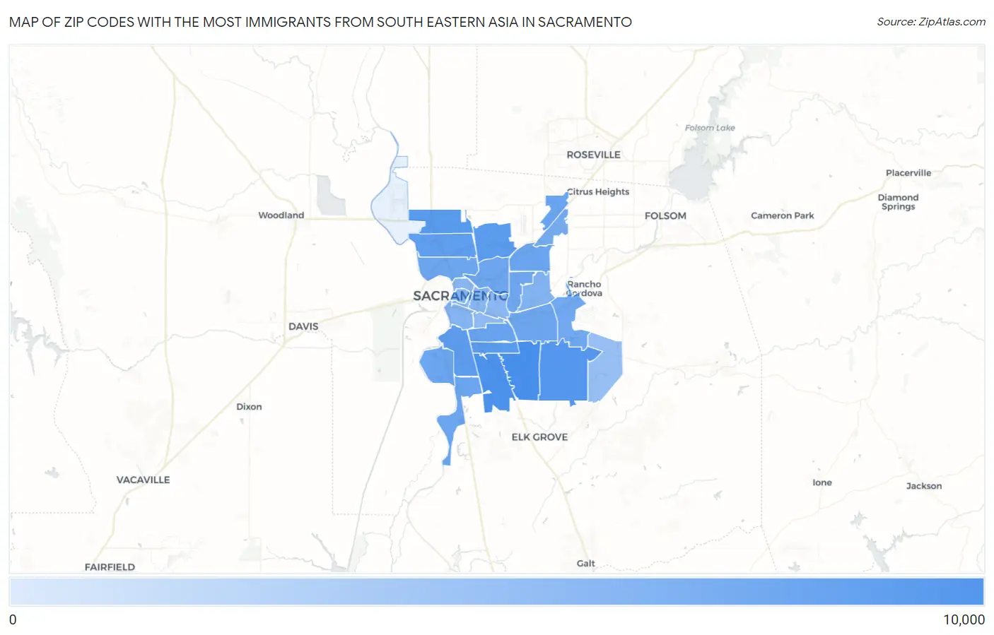Zip Codes with the Most Immigrants from South Eastern Asia in Sacramento Map