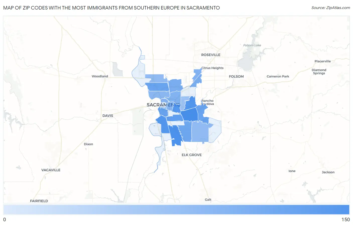 Zip Codes with the Most Immigrants from Southern Europe in Sacramento Map