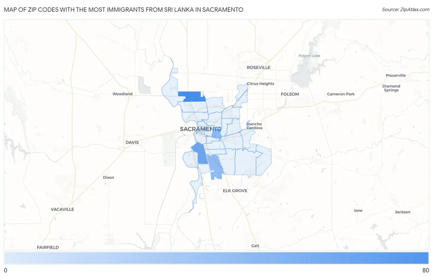 Zip Codes with the Most Immigrants from Sri Lanka in Sacramento Map