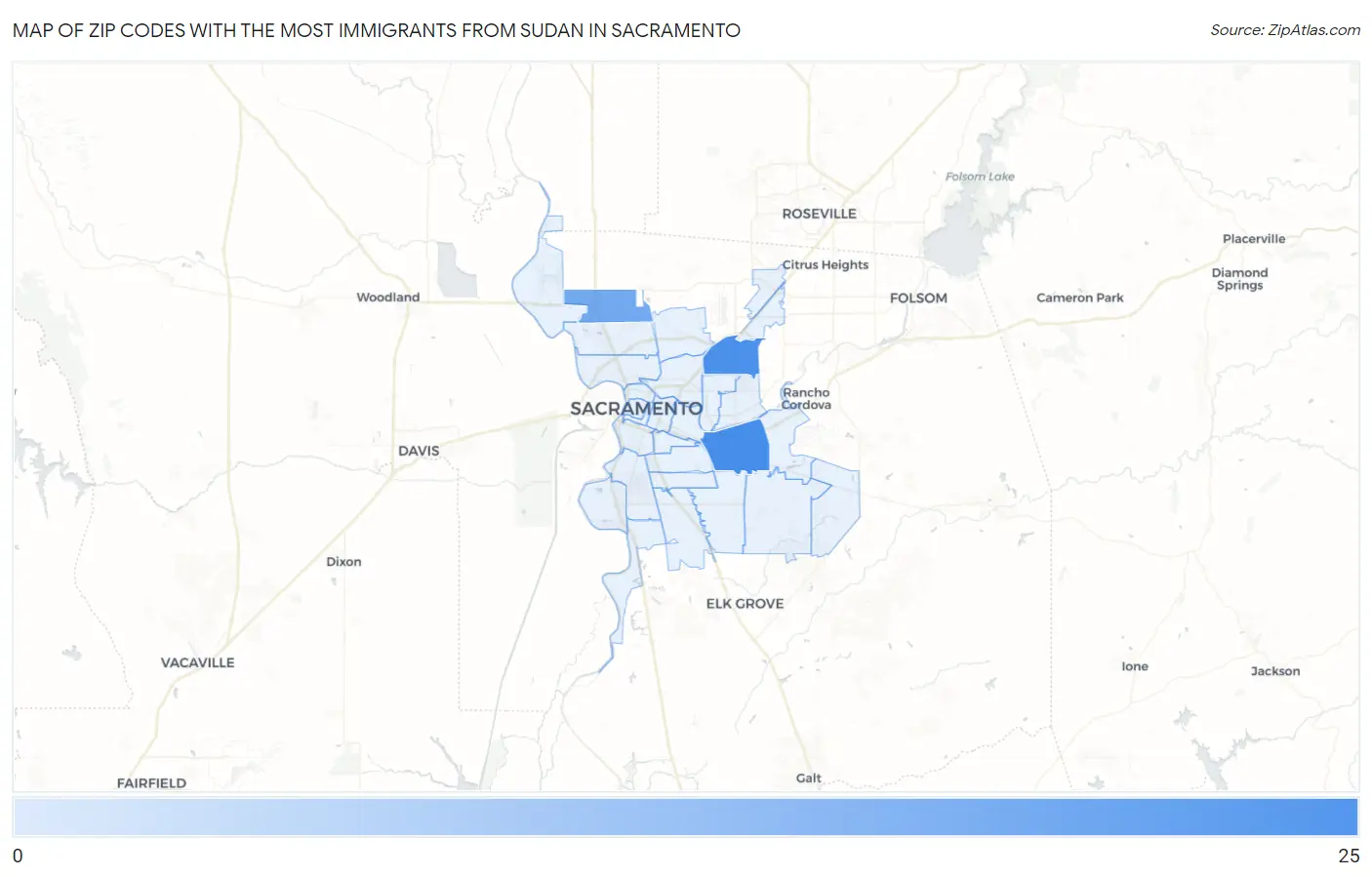 Zip Codes with the Most Immigrants from Sudan in Sacramento Map