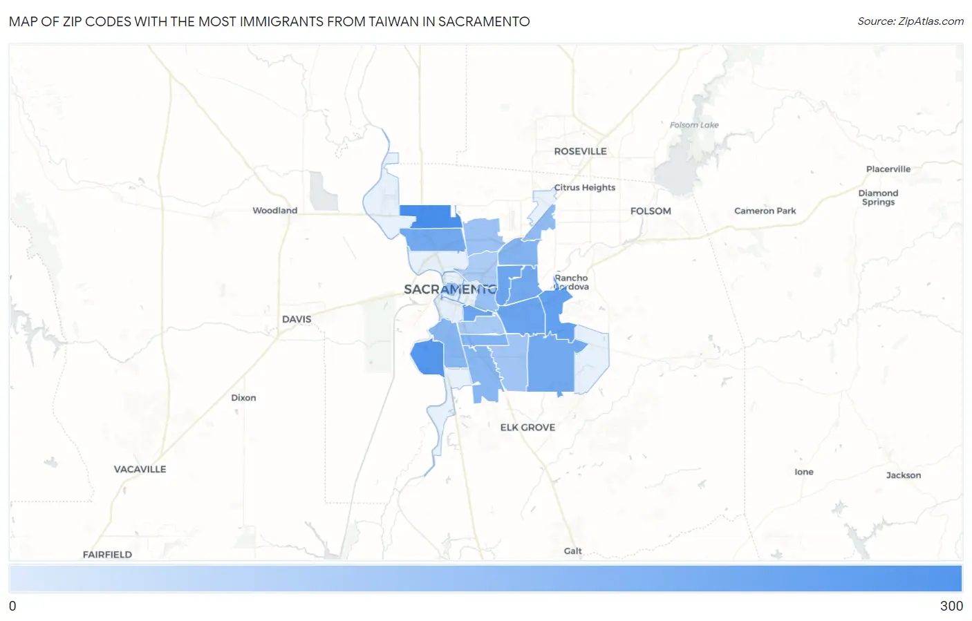 Zip Codes with the Most Immigrants from Taiwan in Sacramento Map