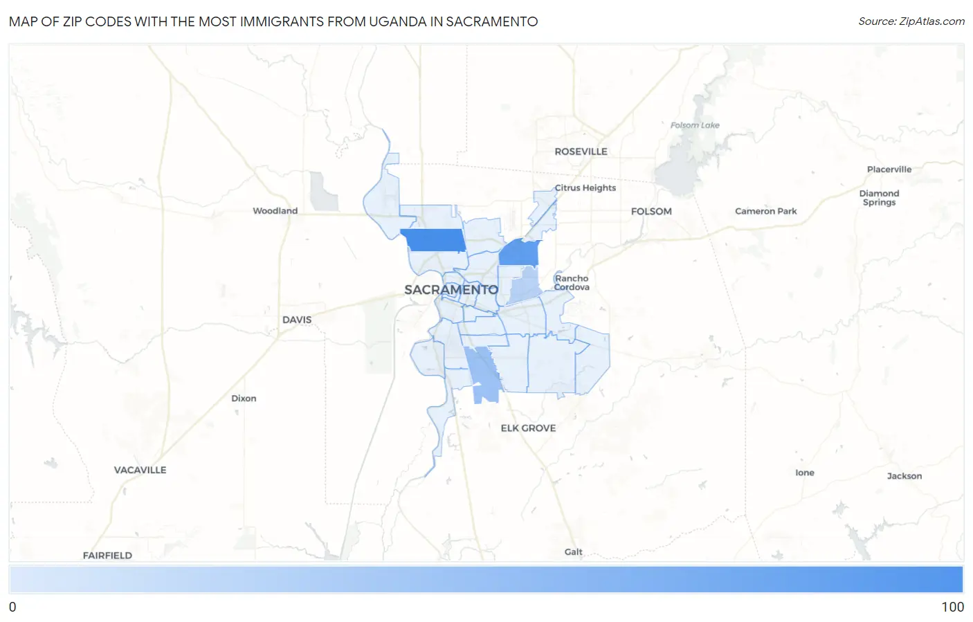 Zip Codes with the Most Immigrants from Uganda in Sacramento Map