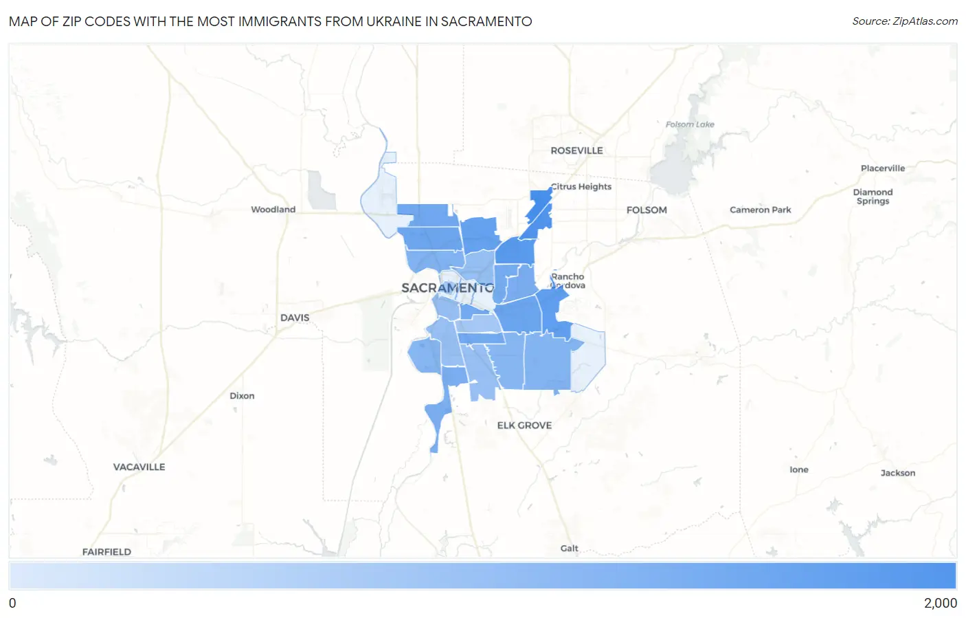 Zip Codes with the Most Immigrants from Ukraine in Sacramento Map