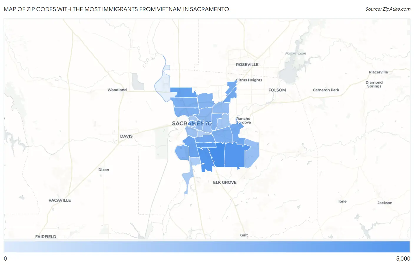 Zip Codes with the Most Immigrants from Vietnam in Sacramento Map