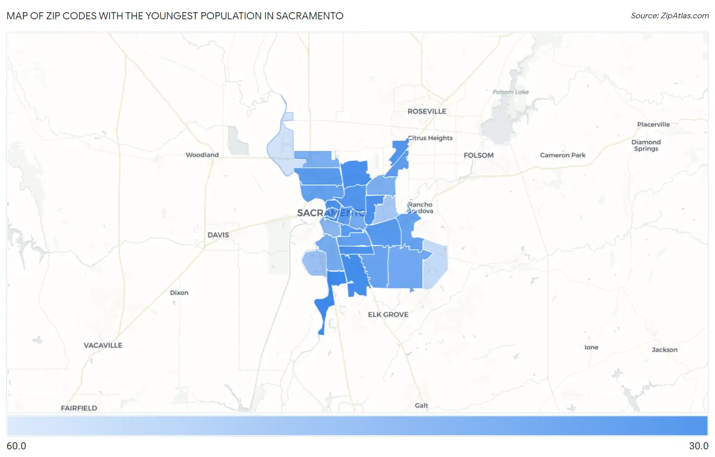 Zip Codes with the Youngest Population in Sacramento Map