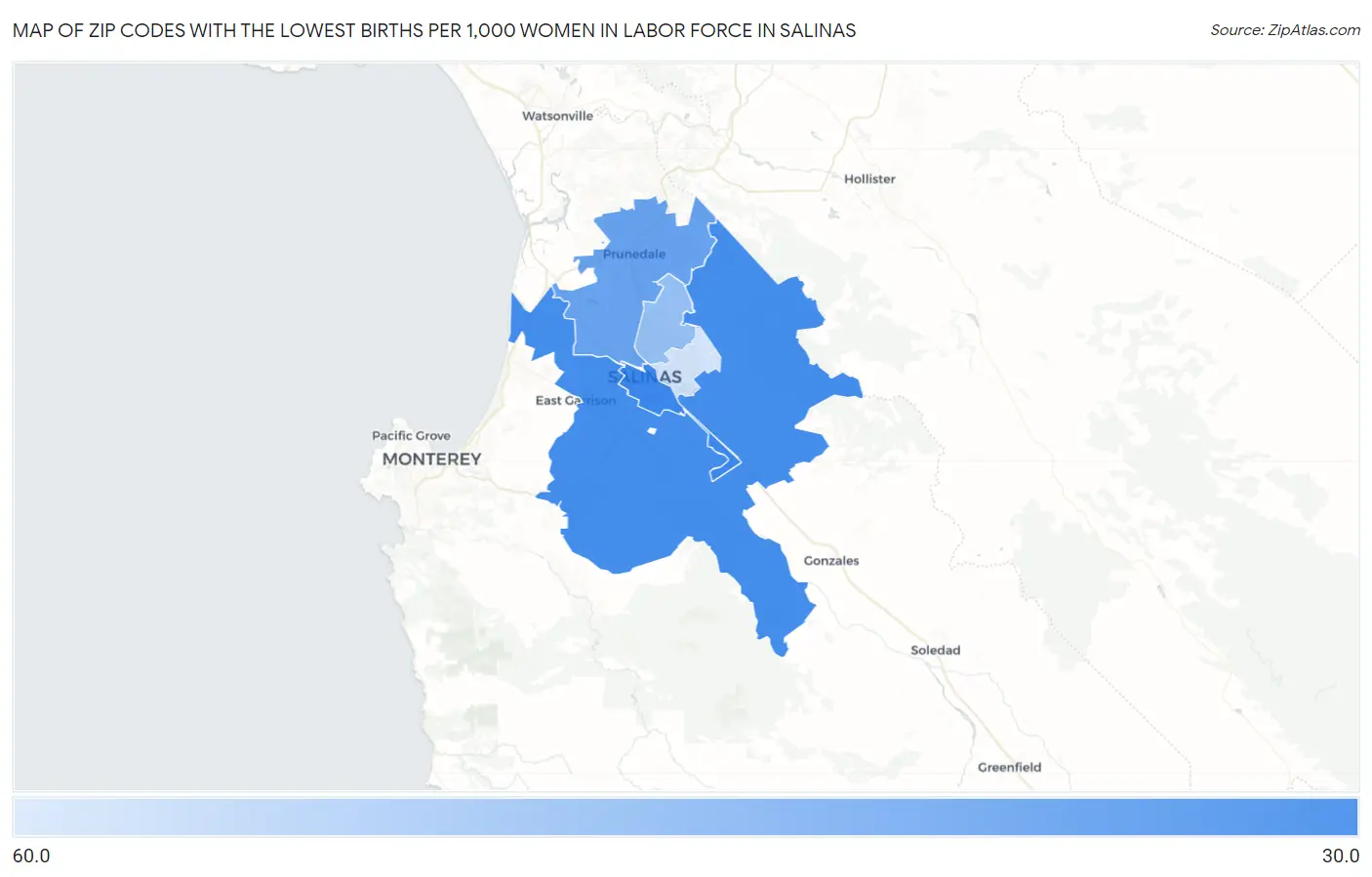 Zip Codes with the Lowest Births per 1,000 Women in Labor Force in Salinas Map