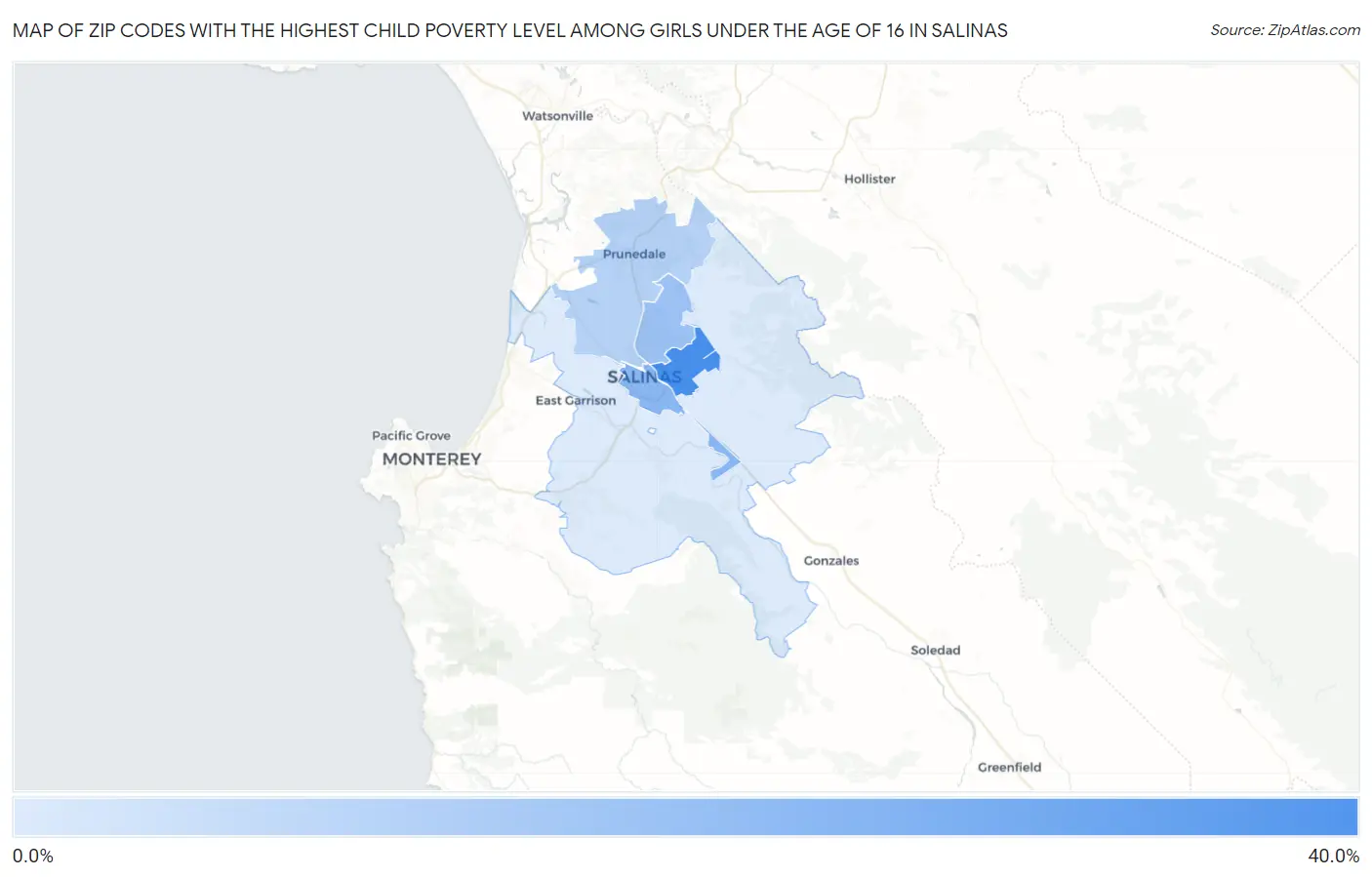 Zip Codes with the Highest Child Poverty Level Among Girls Under the Age of 16 in Salinas Map