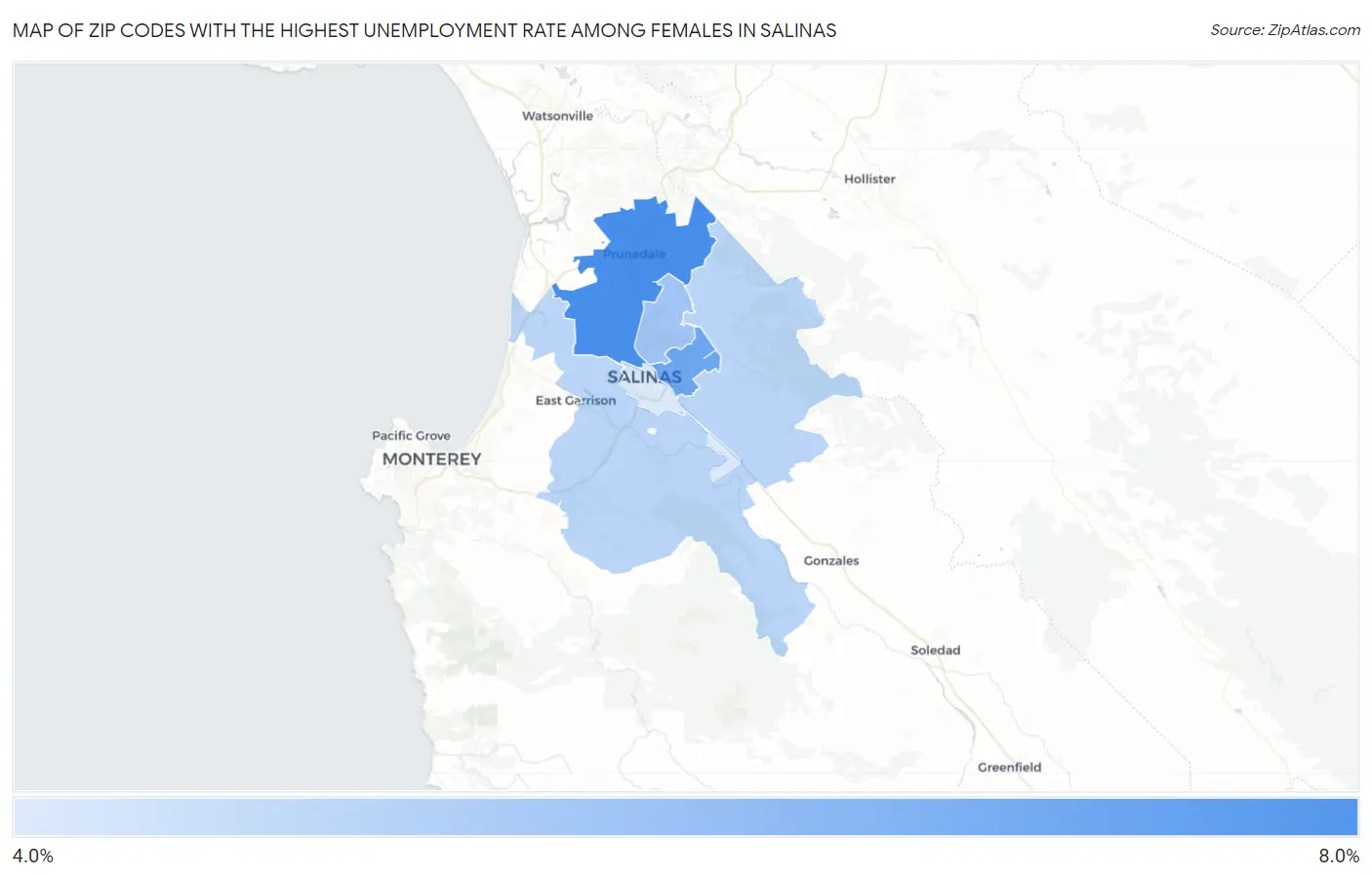 Zip Codes with the Highest Unemployment Rate Among Females in Salinas Map