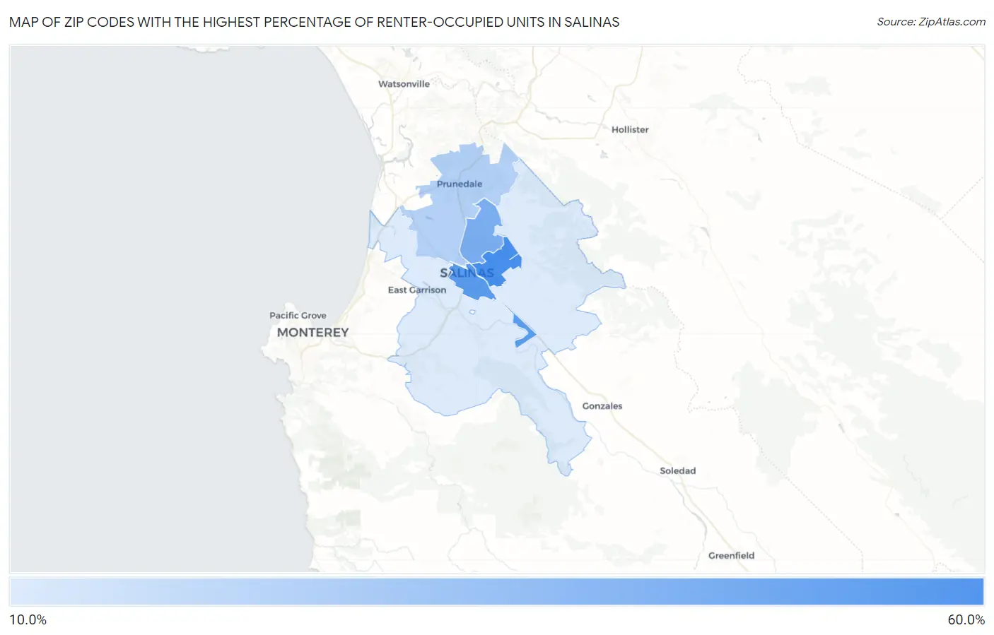 Zip Codes with the Highest Percentage of Renter-Occupied Units in Salinas Map