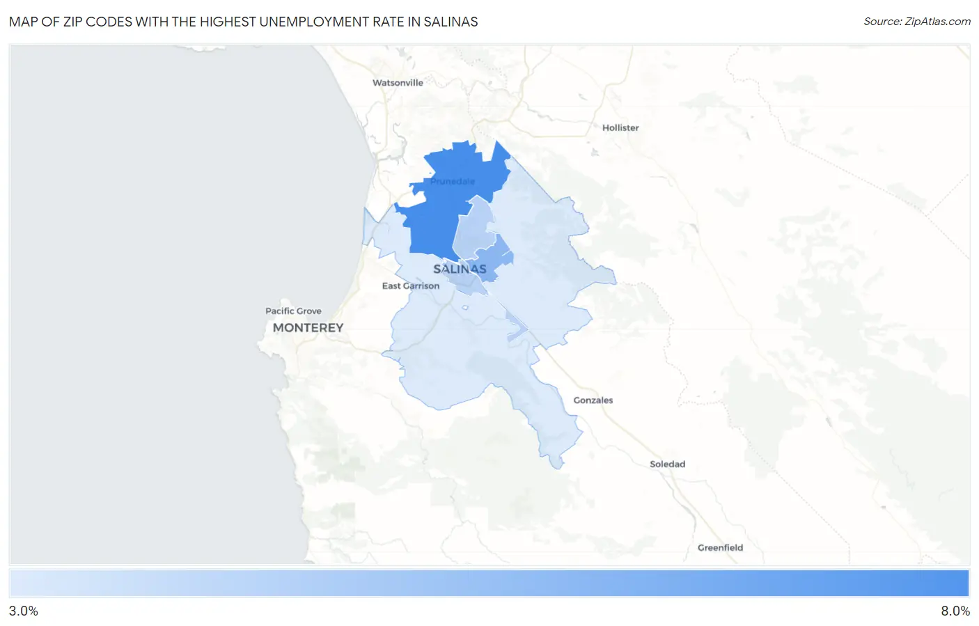 Zip Codes with the Highest Unemployment Rate in Salinas Map