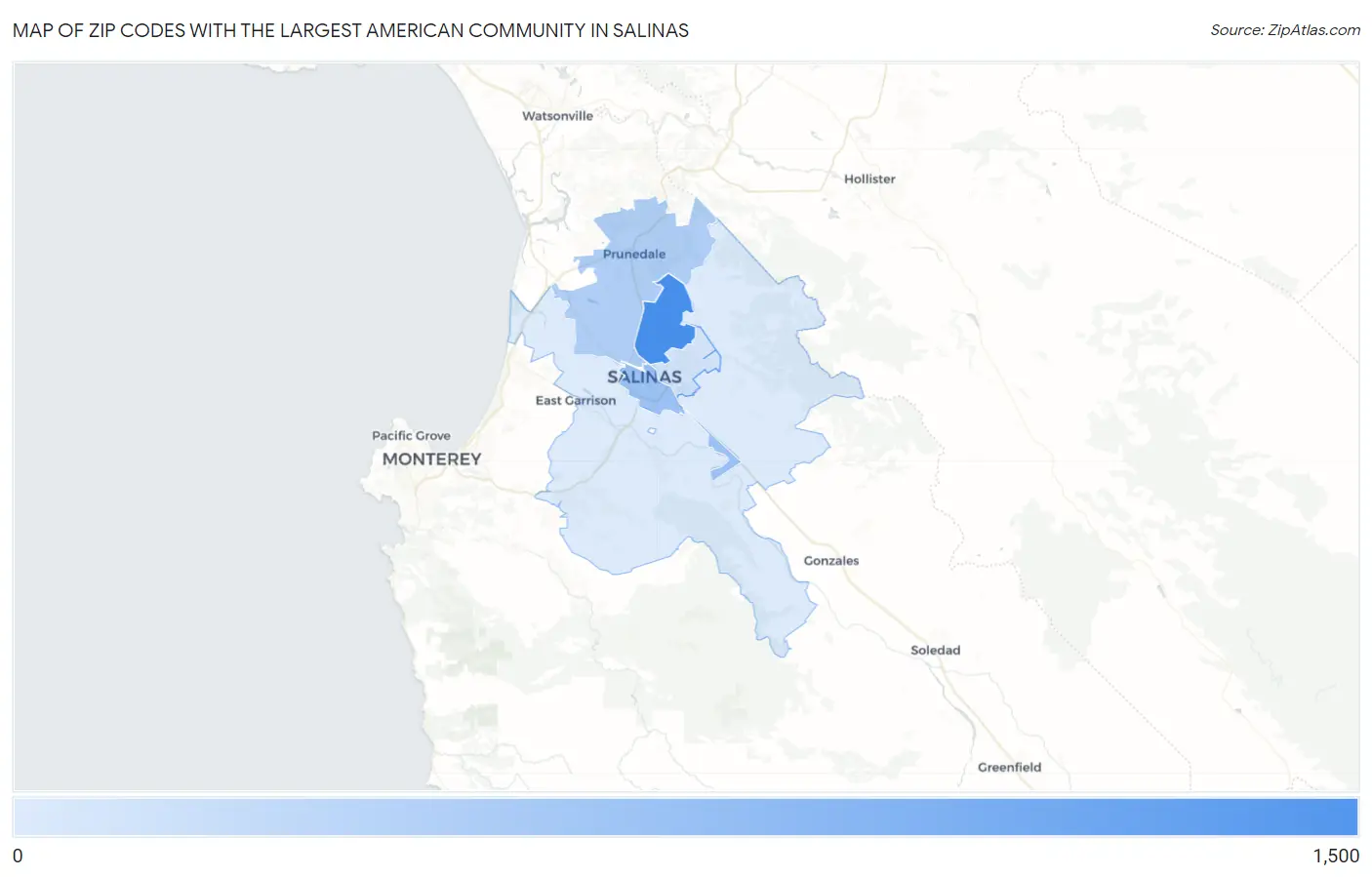 Zip Codes with the Largest American Community in Salinas Map