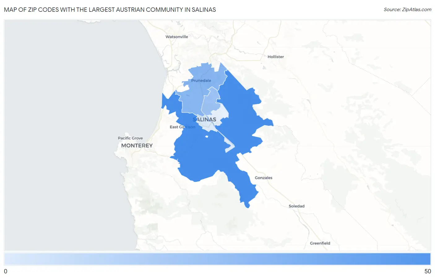Zip Codes with the Largest Austrian Community in Salinas Map