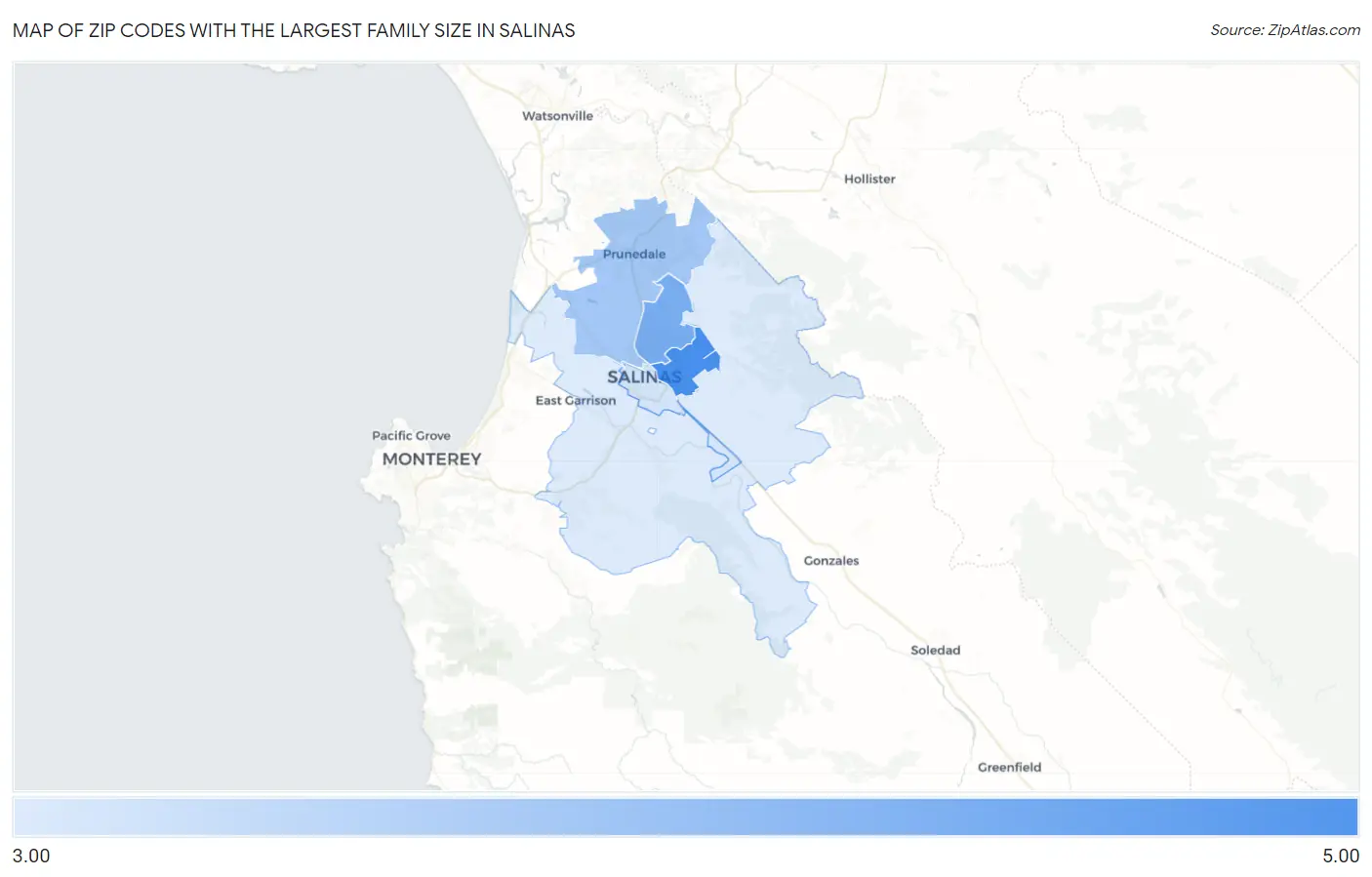 Zip Codes with the Largest Family Size in Salinas Map