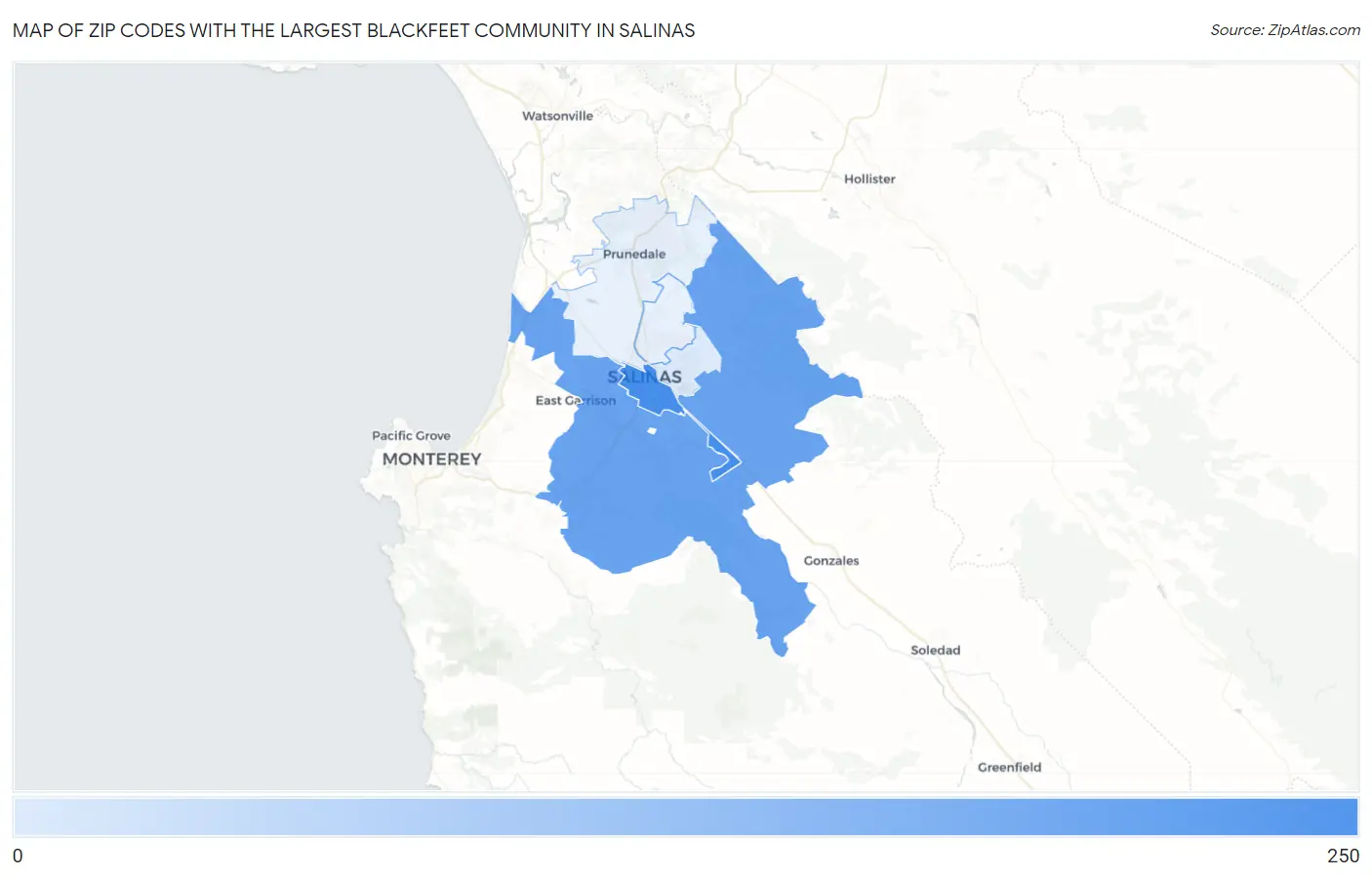 Zip Codes with the Largest Blackfeet Community in Salinas Map