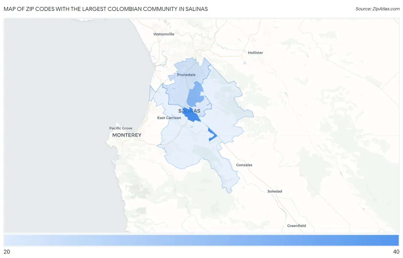 Zip Codes with the Largest Colombian Community in Salinas Map