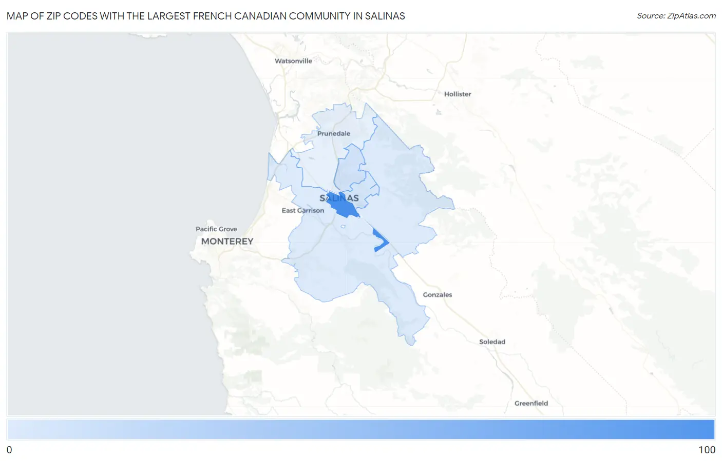Zip Codes with the Largest French Canadian Community in Salinas Map