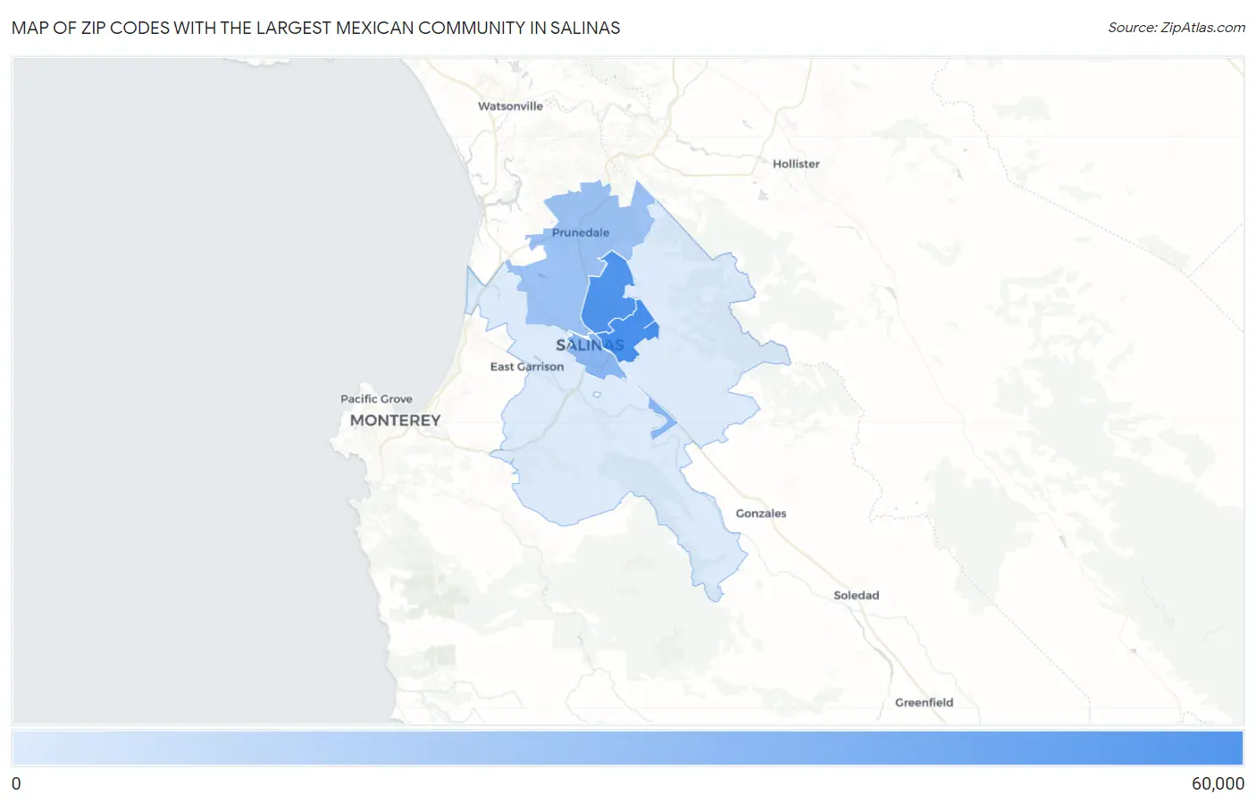 Zip Codes with the Largest Mexican Community in Salinas Map