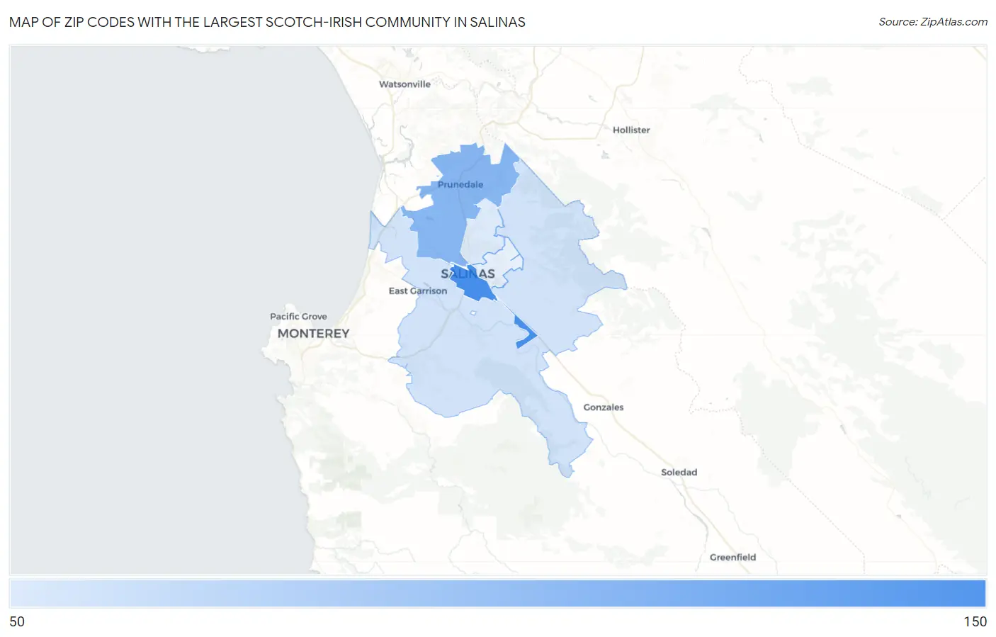 Zip Codes with the Largest Scotch-Irish Community in Salinas Map