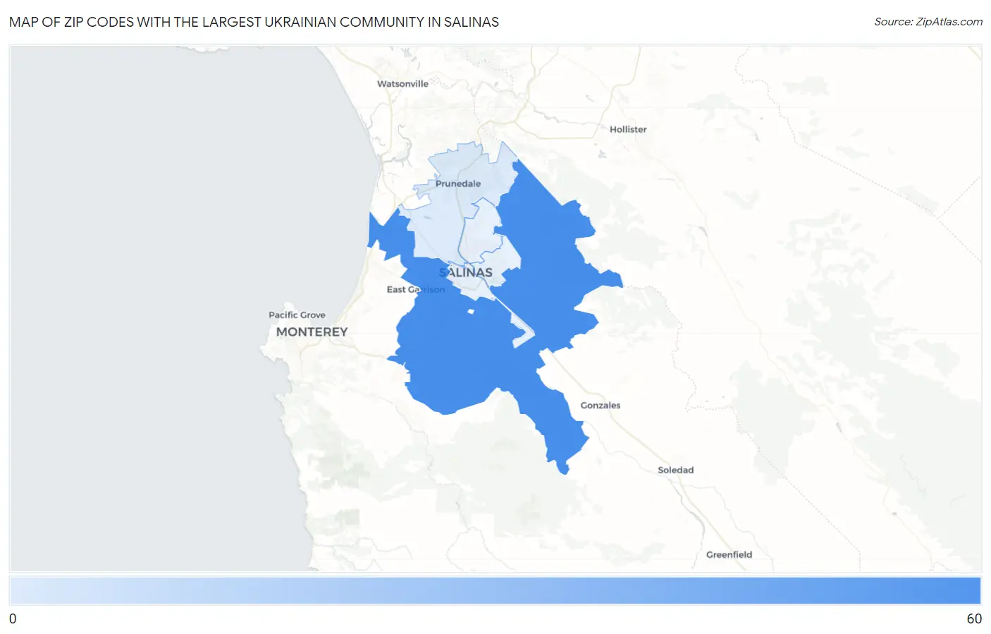 Zip Codes with the Largest Ukrainian Community in Salinas Map