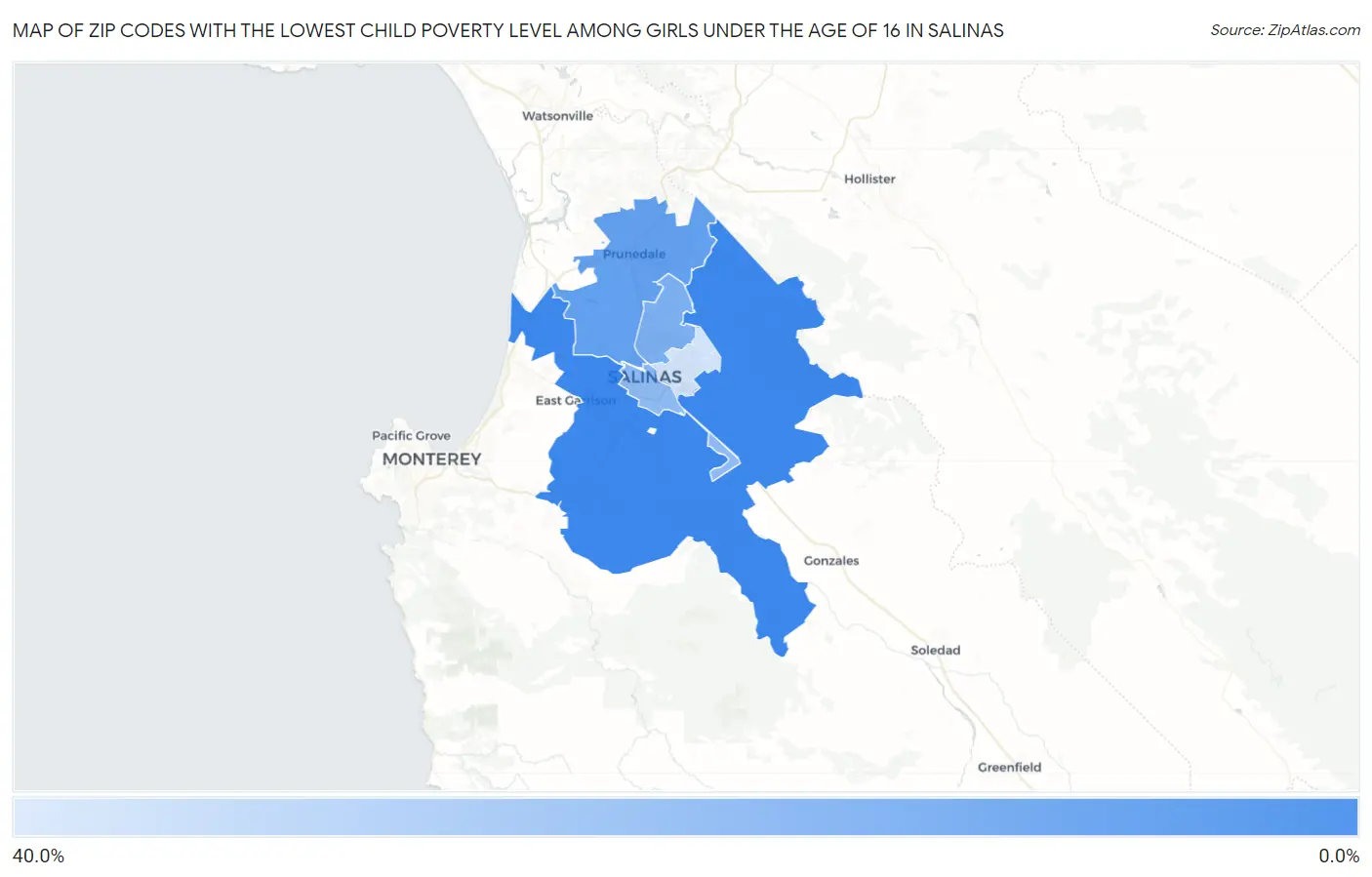 Zip Codes with the Lowest Child Poverty Level Among Girls Under the Age of 16 in Salinas Map
