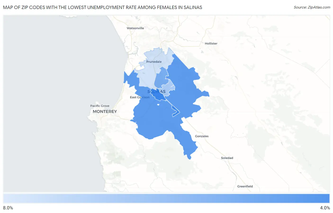 Zip Codes with the Lowest Unemployment Rate Among Females in Salinas Map