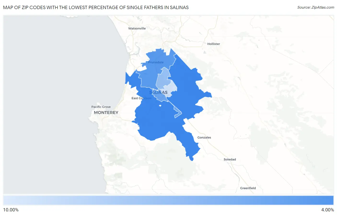 Zip Codes with the Lowest Percentage of Single Fathers in Salinas Map