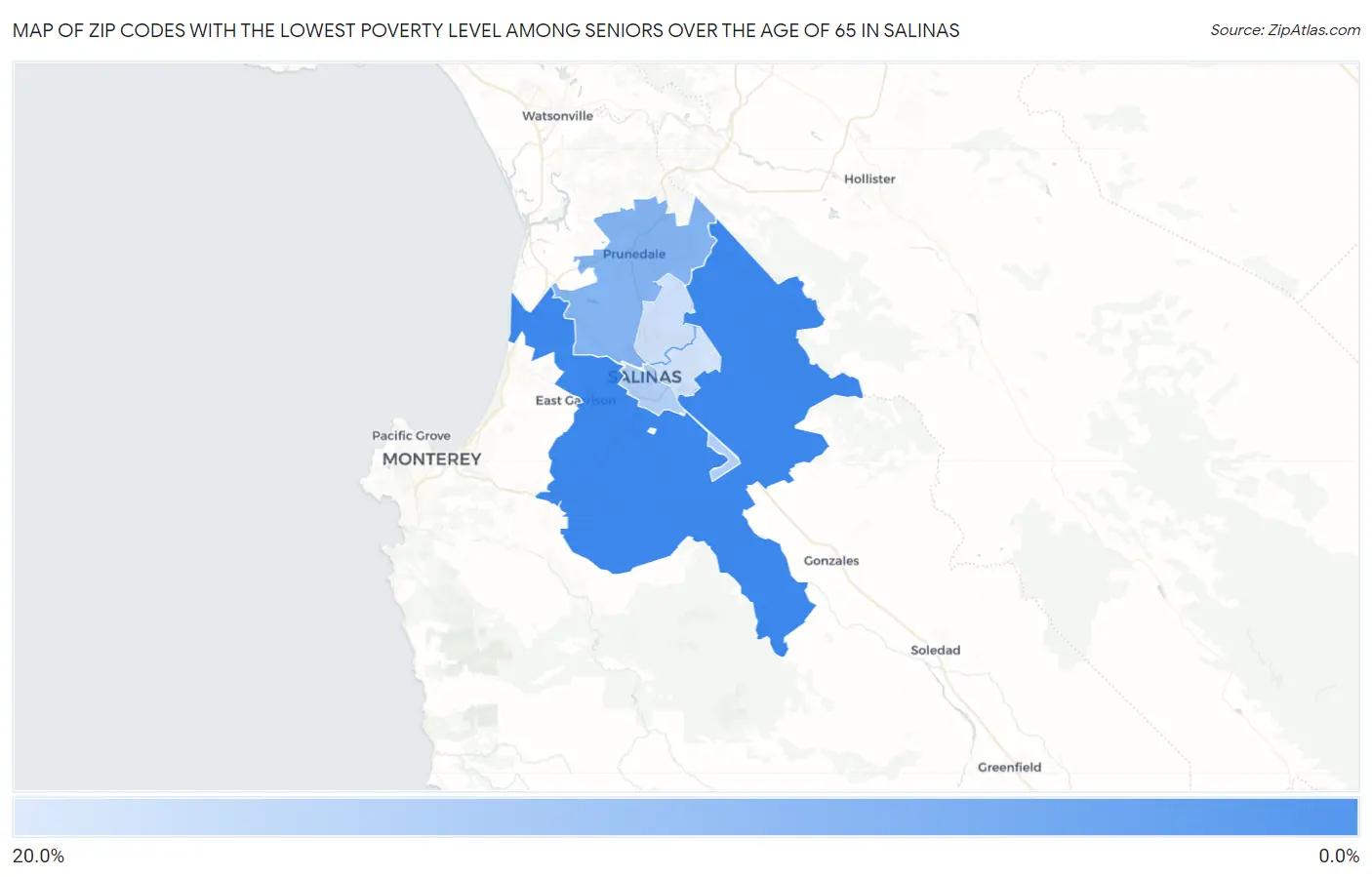 Zip Codes with the Lowest Poverty Level Among Seniors Over the Age of 65 in Salinas Map
