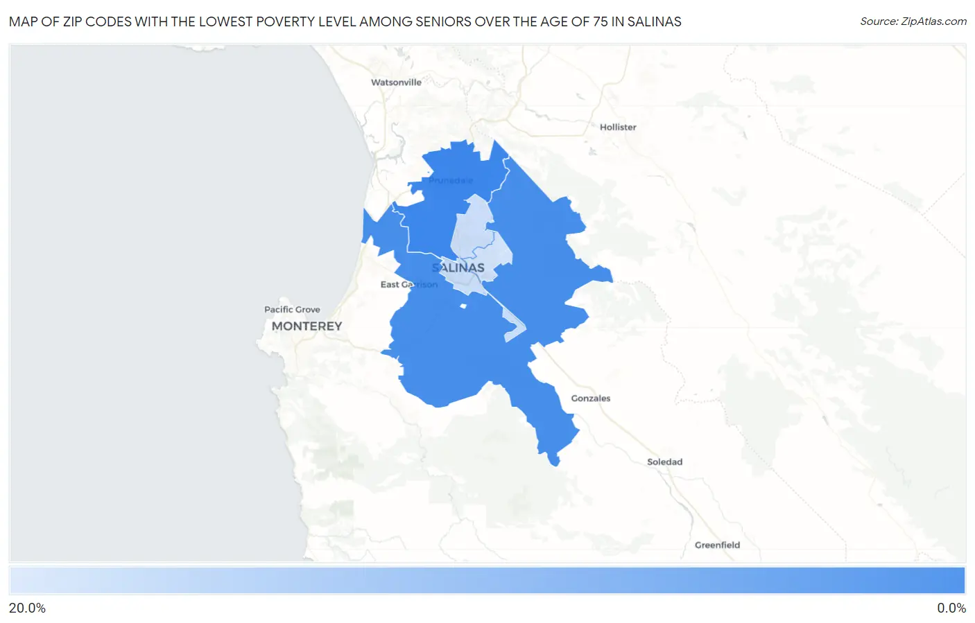 Zip Codes with the Lowest Poverty Level Among Seniors Over the Age of 75 in Salinas Map