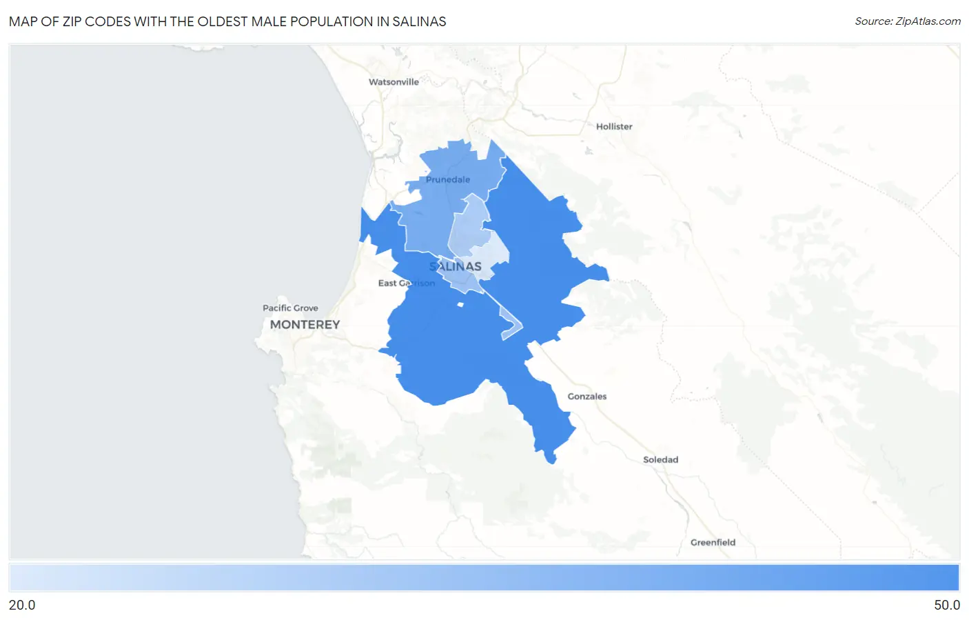 Zip Codes with the Oldest Male Population in Salinas Map