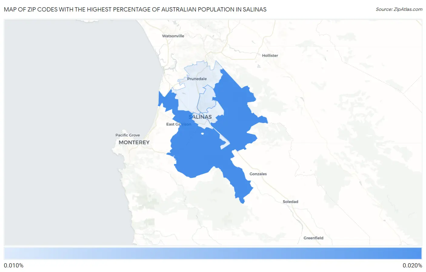 Zip Codes with the Highest Percentage of Australian Population in Salinas Map