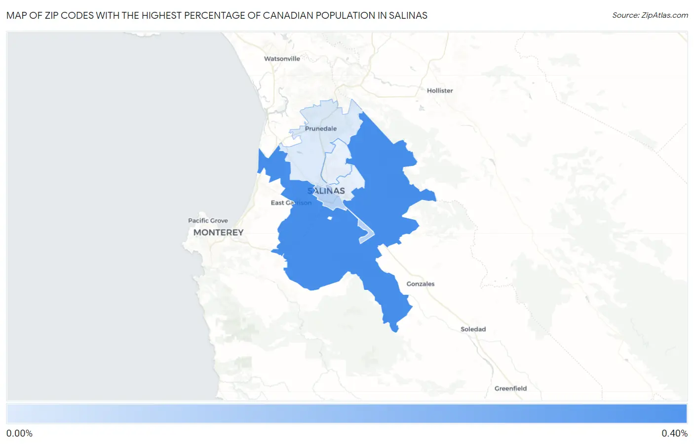 Zip Codes with the Highest Percentage of Canadian Population in Salinas Map