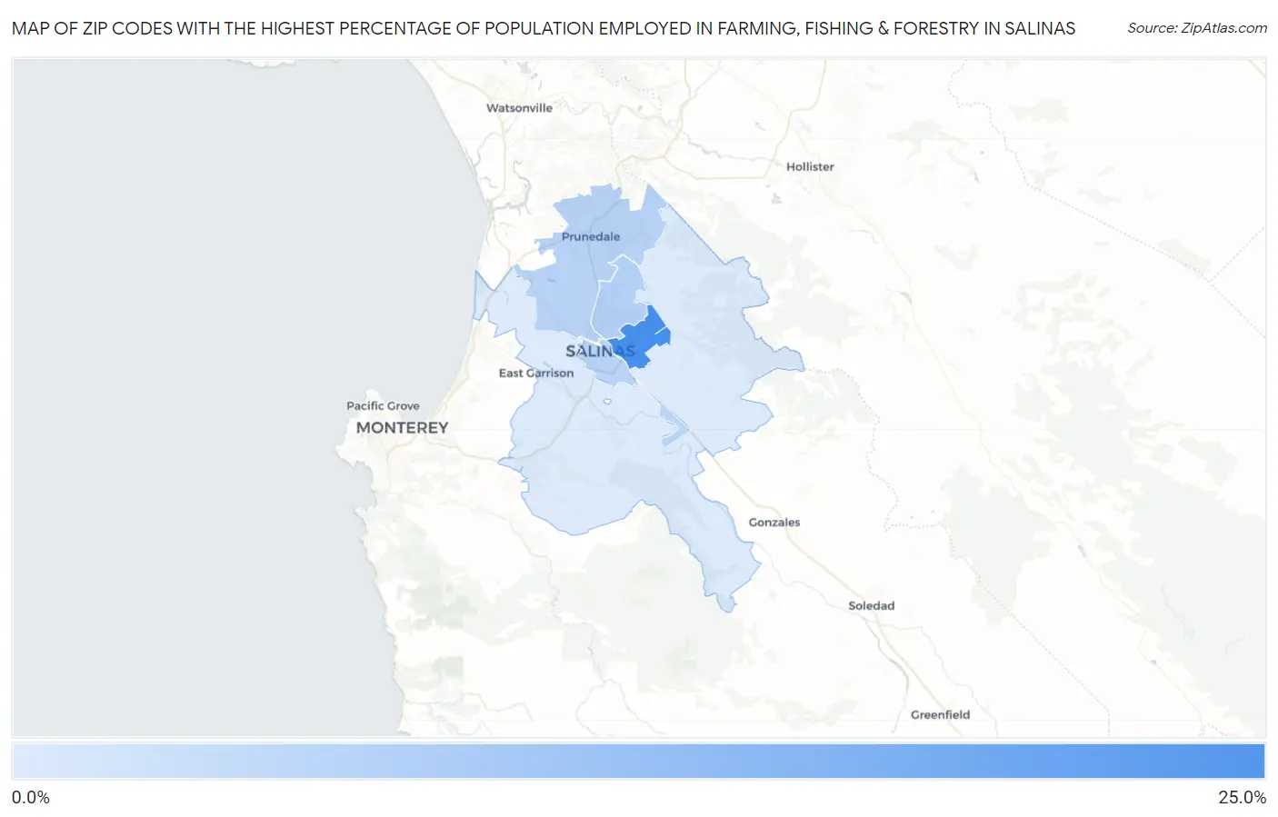 Zip Codes with the Highest Percentage of Population Employed in Farming, Fishing & Forestry in Salinas Map