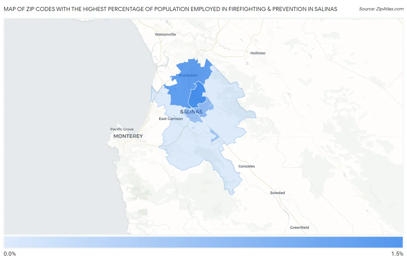 Zip Codes with the Highest Percentage of Population Employed in Firefighting & Prevention in Salinas Map